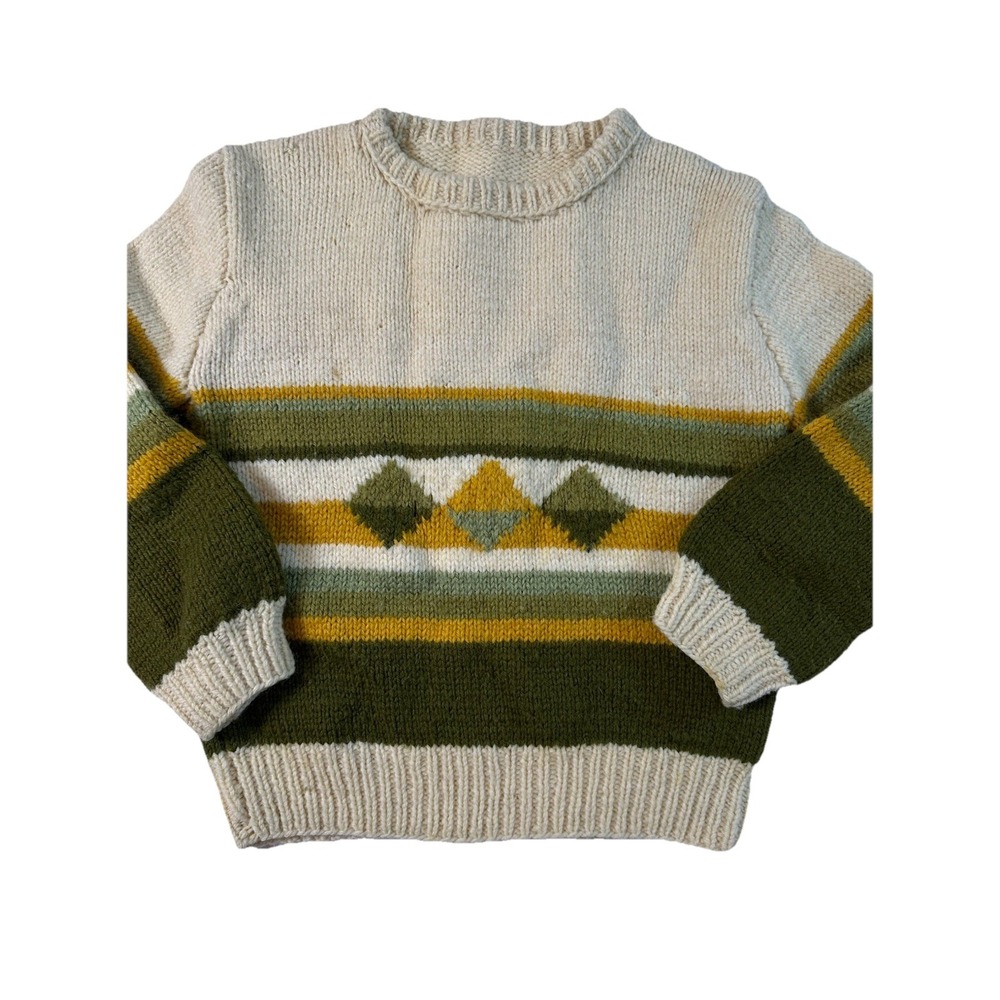 HAND KNIT‎ Kids Fair Isle Yoke Sweater Beige & Green Nordic Blend 4T 5T Boy